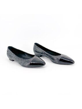 Chanel CC Cap Toe Ballet Flats Black Silver Leather Size 37.5 US 6.5–7 Women